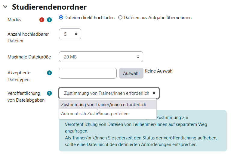 Screenshot Studierendenordner Einstellungen