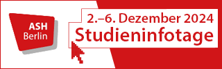 Einladungsbanner für Studieninfotage 2.-6.12.2024: schwarz-weiße Illustration einer Gruppe Studierende_r vor rotem Hintergrund mit Logo der ASH Berlin