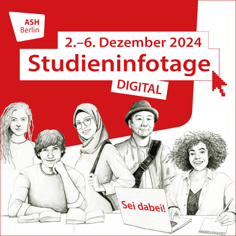 Einladungsbanner für Studieninfotage 2.-6.12.2024: schwarz-weiße Illustration einer Gruppe Studierende_r vor rotem Hintergrund mit Logo der ASH Berlin