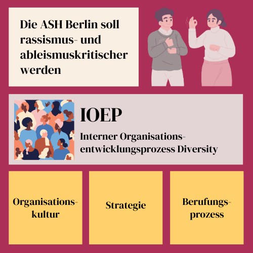 Zu sehen ist ein Bild mit den drei Säulen des IOEP: Organisationskultur, Strategie und Berufungsprozess