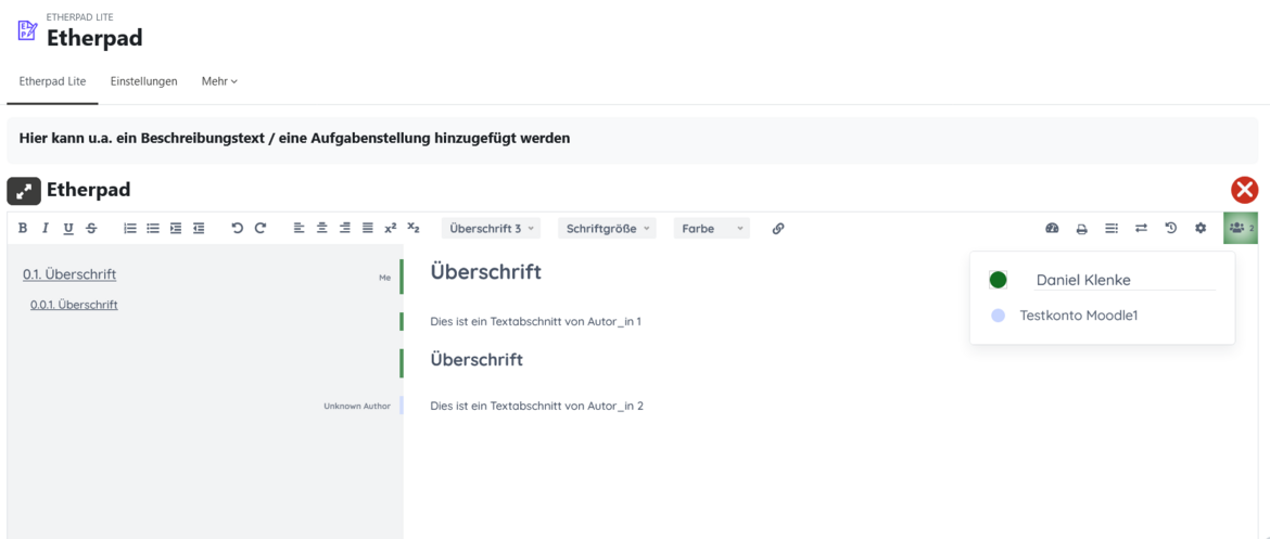 Screenshot Moodle-Etherpad (Beispiel)