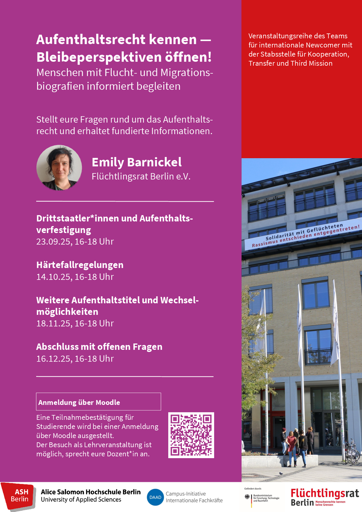 Poster for the series of events with Emily Barnickel on residence law