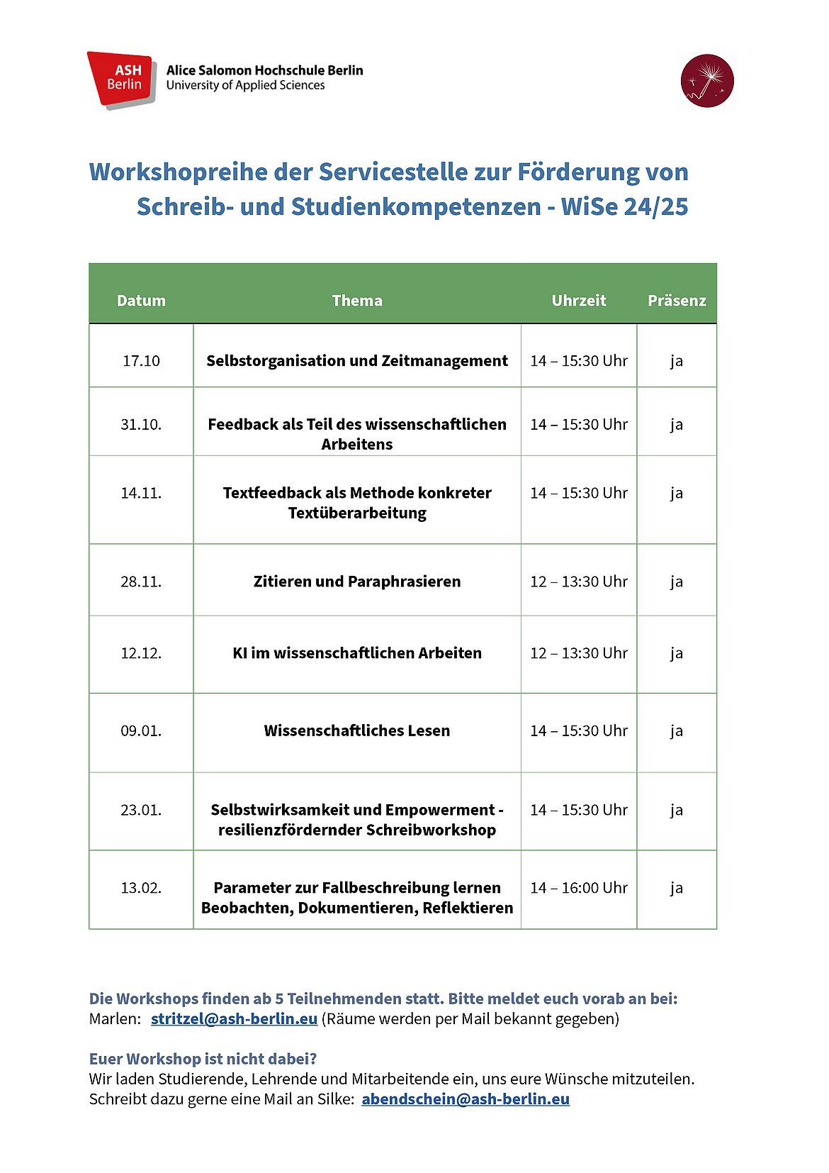 Workshopliste Servicestelle