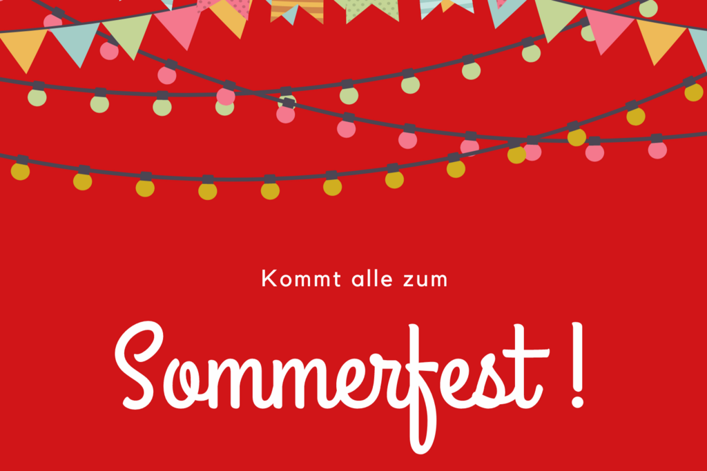 Illustration mit bunten Wimpelketten vor rotem Hintergrund und dem Text "Kommt alle zum Sommerfest!"