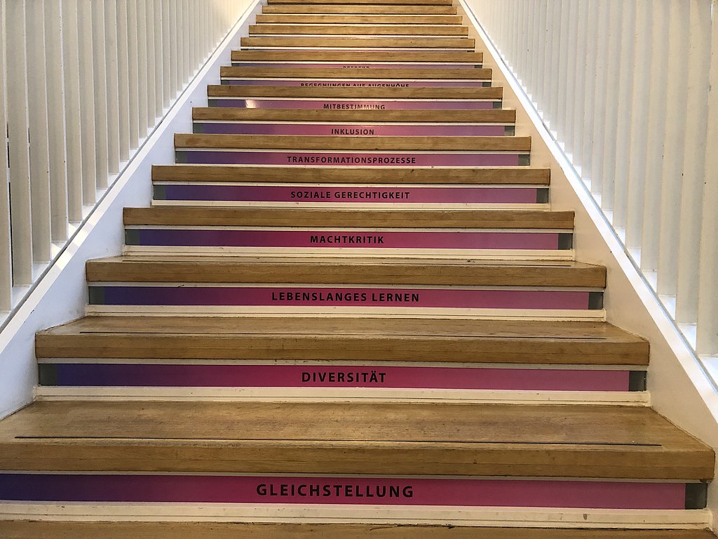 Auf dem Bild sieht man die Treppe im Hauptgebäude mit den Worten " Gleichstellung", "Diversität", "Lebenslanges Lernen", "Machtkritik" und weiteren Begriffen.