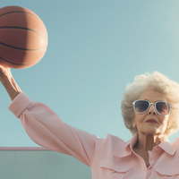 Auf dem Foto ist eine ältere Person zu sehen die zwei Basketbälle in ihren Händen hält.