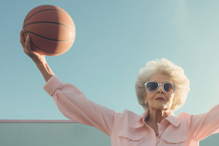 Auf dem Foto ist eine ältere Person zu sehen die zwei Basketbälle in ihren Händen hält.